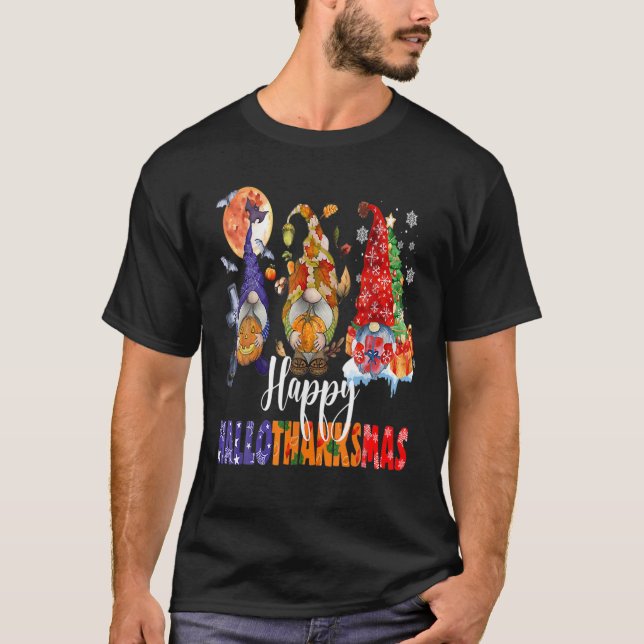 Halloween Thanksgiving Christmas Happy Hallothanks T-Shirt (Front)