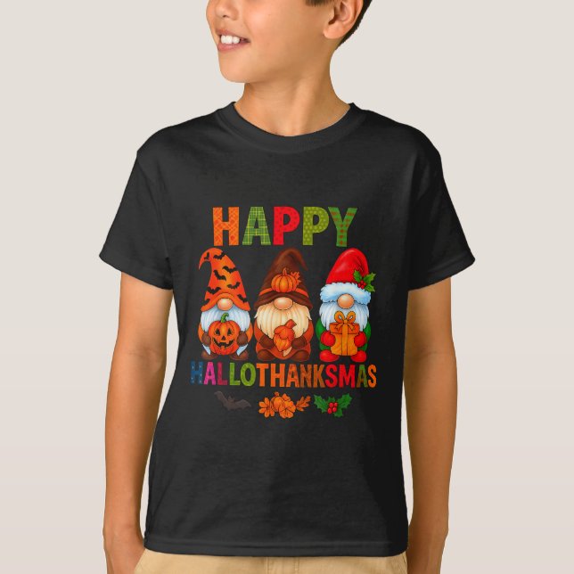 Halloween Thanksgiving Christmas Happy Hallothanks T-Shirt (Front)