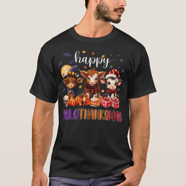 Halloween Thanksgiving Christmas Happy Hallothanks T-Shirt (Front)