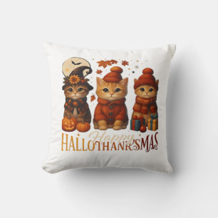Halloween Thanksgiving Christmas Happy HalloThanks Throw Pillow