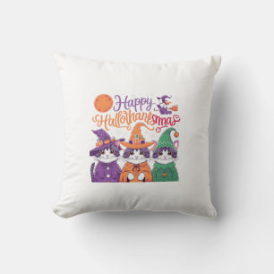 Halloween Thanksgiving Christmas Happy HalloThanks Throw Pillow