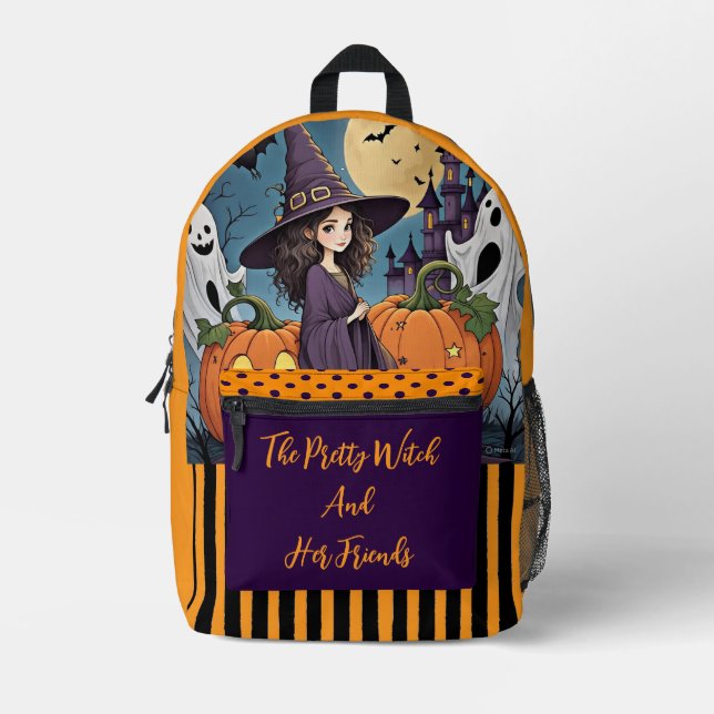 Halloween, The Pretty Witch and Her Friends Printe Printed Backpack (Front)