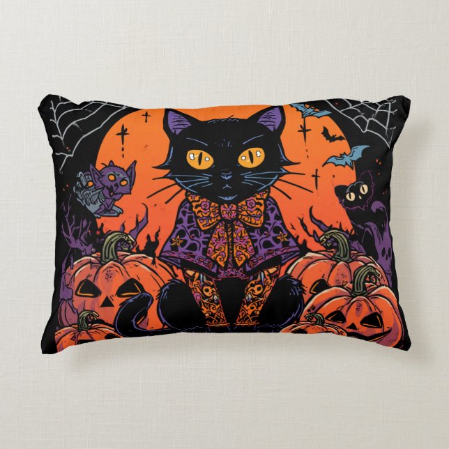Halloween,The Pumpkin Patch Prowler ,Black Cat Accent Pillow (Front)