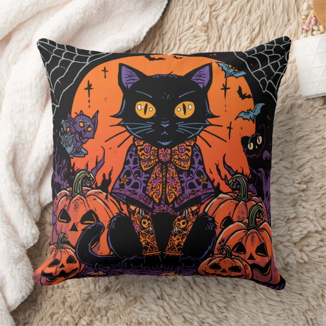 Halloween,The Pumpkin Patch Prowler ,Black Cat Throw Pillow (Blanket)