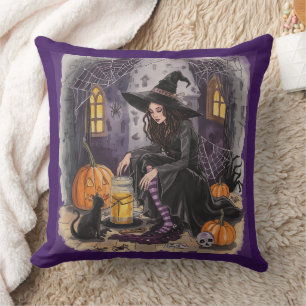 Halloween, The Witch ,Her Potion ,and the Midnight Throw Pillow