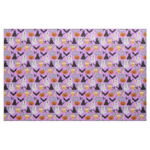 Halloween Theme Collage Toss Pattern Purple Cute Fabric