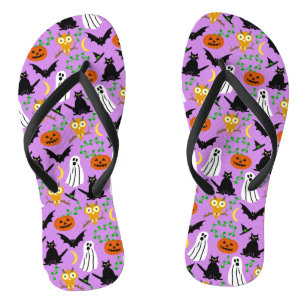 Halloween Theme Collage Toss Pattern Purple Flip Flops