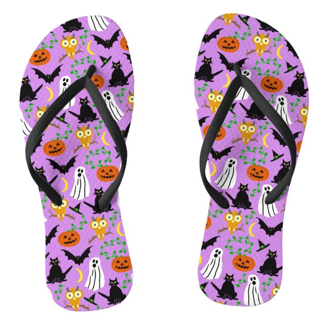 Halloween Theme Collage Toss Pattern Purple Flip Flops (Footbed)