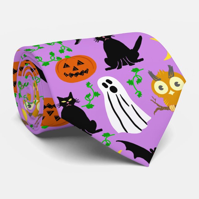 Halloween Theme Collage Toss Pattern Purple Tie (Rolled)