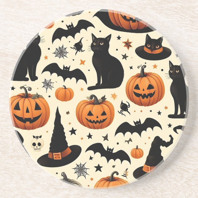 Halloween-Themed Black Cat and Pumpkin Pattern Coaster (Front)