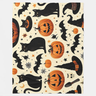 Halloween-Themed Black Cat and Pumpkin Pattern Fleece Blanket