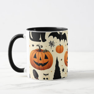 Halloween-Themed Black Cat and Pumpkin Pattern Mug