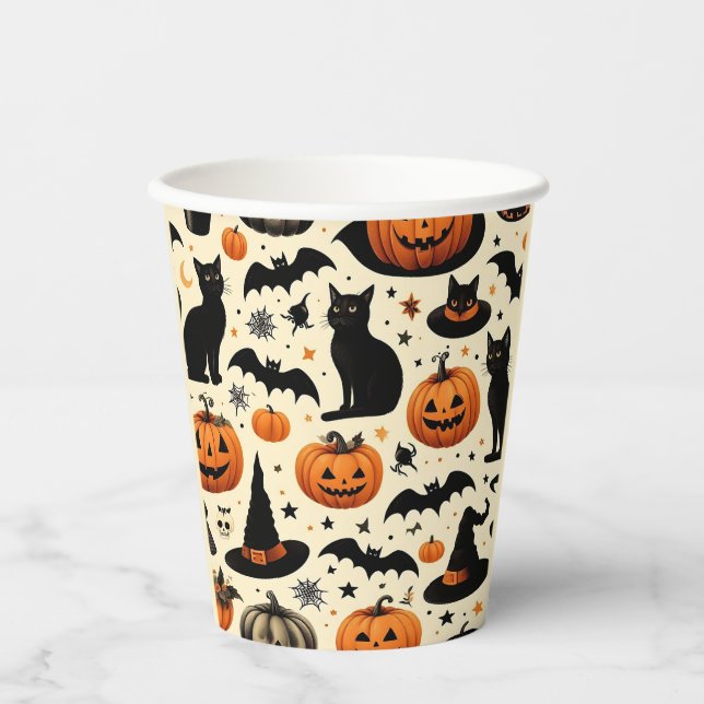 Halloween-Themed Black Cat and Pumpkin Pattern Paper Cups (Front)