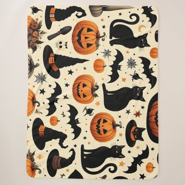 Halloween-Themed Black Cat and Pumpkin Pattern Sherpa Blanket (Front)