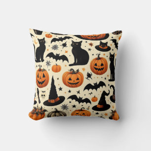 Halloween-Themed Black Cat and Pumpkin Pattern Throw Pillow