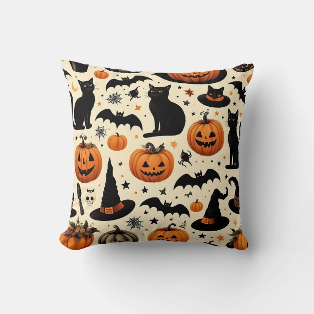 Halloween-Themed Black Cat and Pumpkin Pattern Throw Pillow (Front)