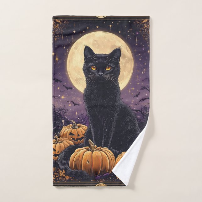 Halloween themed tarot card with a black cat hand towel (Hand Towel)
