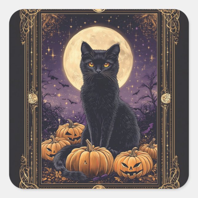 Halloween themed tarot card with a black cat square sticker (Front)