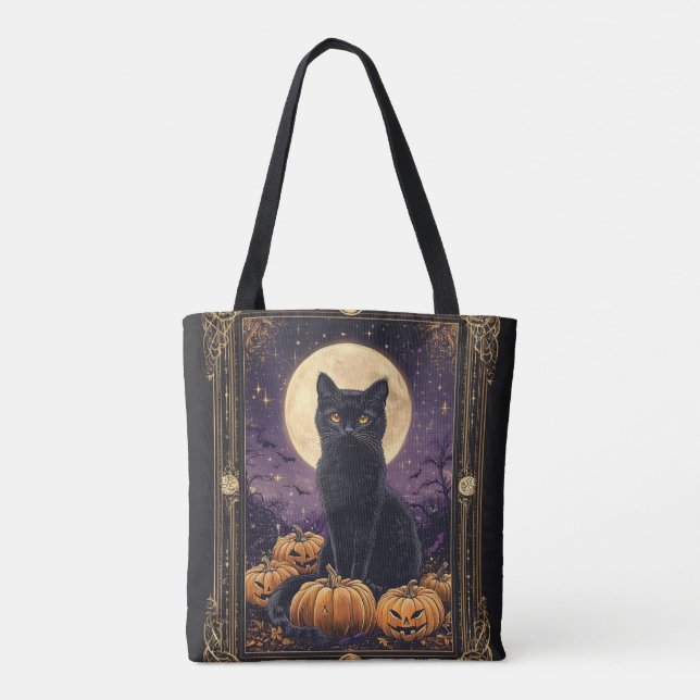 Halloween themed tarot card with a black cat tote bag (Back)