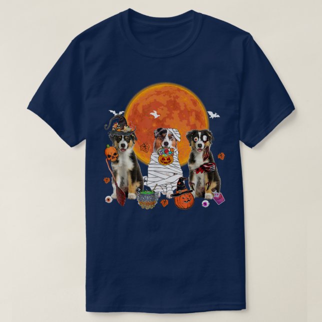 Halloween Three Australian Shepherd Dogs Witch Sca T-Shirt (Design Front)
