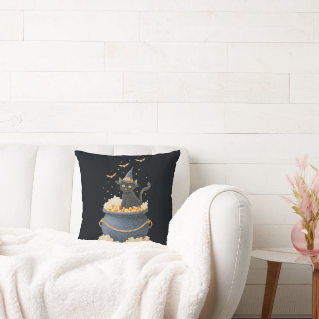Halloween Throw Pillow. Black Cat  Pumpkin Pattern Throw Pillow (Couch)