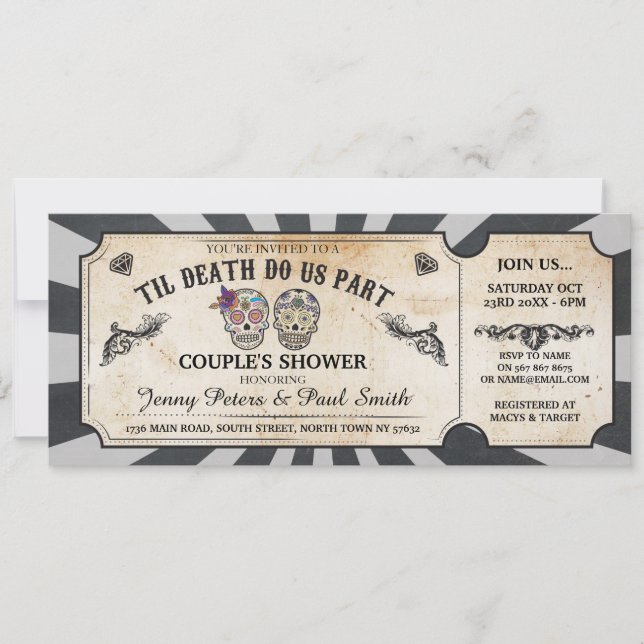 Halloween Ticket Couple's Shower Skulls Invite (Front)