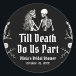 Halloween Till Death Do Us Part Bridal Shower Classic Round Sticker<br><div class="desc">Add a touch of spooky elegance to your bridal shower with our Black Gothic Halloween Skeleton Bridal Shower Stickers! Featuring a dark, gothic design with floral accents and haunting skeleton motifs, these stickers are perfect for sealing envelopes, decorating favours, or adding a unique gothic flair to your Halloween-themed bridal shower....</div>