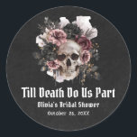 Halloween Till Death Do Us Part Bridal Shower Classic Round Sticker<br><div class="desc">Add a spooky yet romantic flair to your bridal shower with this Gothic "Till Death Do Us Part" Sticker. Featuring an intricate skull design framed with gothic details, this sticker symbolizes eternal love with a Halloween twist. Perfect for sealing invitations, decorating favour bags, or adding a hauntingly beautiful touch to...</div>