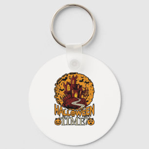 Halloween Time Haunted House Full Moon Pumpkins Keychain