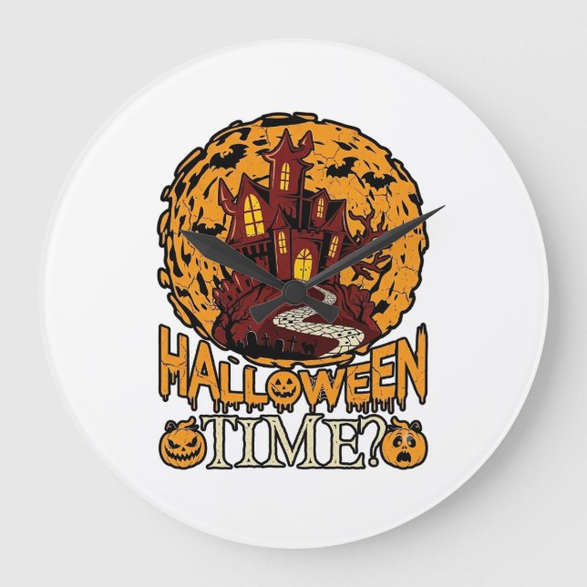 Halloween Time Haunted House Full Moon Pumpkins Large Clock (Front)