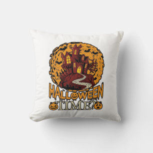 Halloween Time Haunted House Full Moon Pumpkins Throw Pillow
