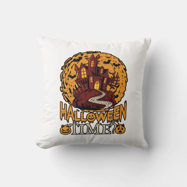 Halloween Time Haunted House Full Moon Pumpkins Throw Pillow (Front)