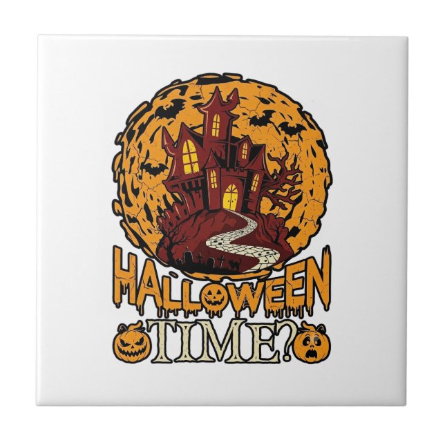 Halloween Time Haunted House Full Moon Pumpkins Tile (Front)