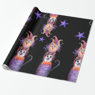 Halloween Time Owl Cat Drawing Wrapping Paper