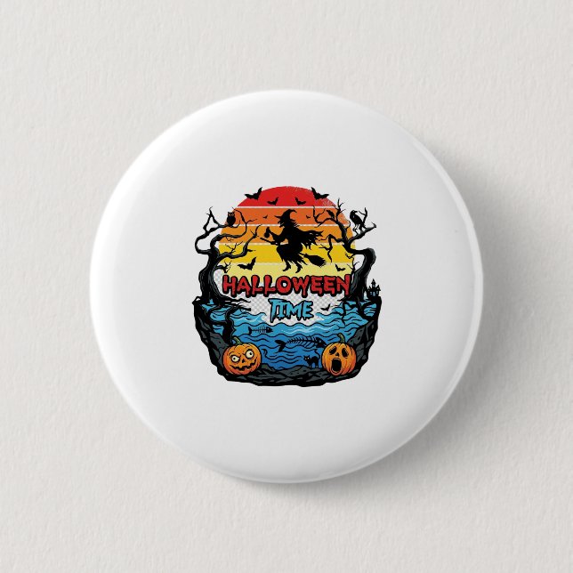 Halloween Time Witch Pumpkins Bats Sunset_1 2 Inch Round Button (Front)