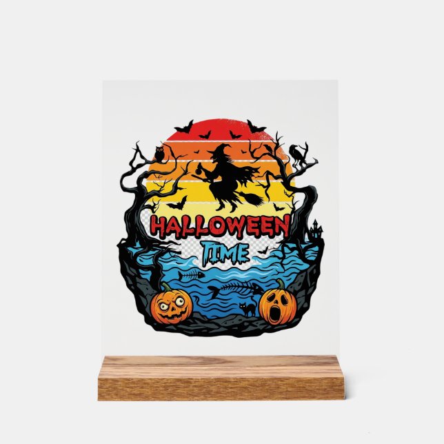 Halloween Time Witch Pumpkins Bats Sunset_1 Acrylic Sign (Front)