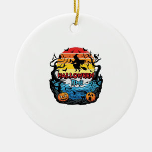 Halloween Time Witch Pumpkins Bats Sunset_1 Ceramic Ornament