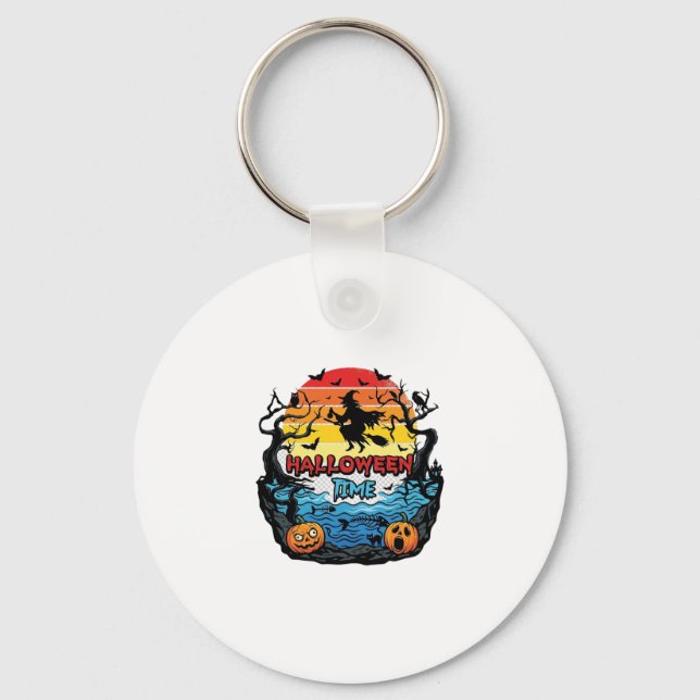 Halloween Time Witch Pumpkins Bats Sunset_1 Keychain (Front)