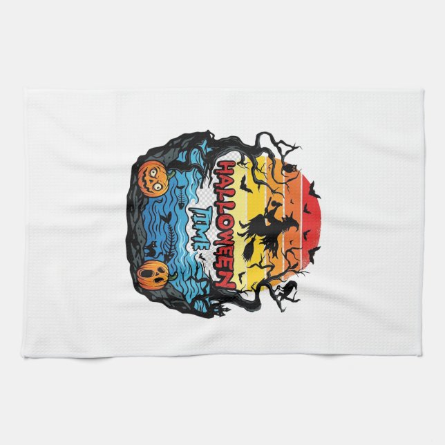 Halloween Time Witch Pumpkins Bats Sunset_1 Kitchen Towel (Horizontal)