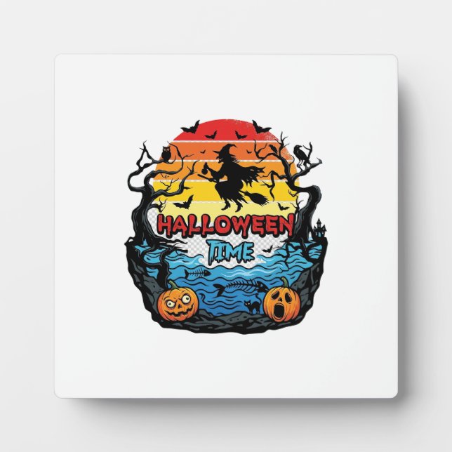 Halloween Time Witch Pumpkins Bats Sunset_1 Plaque (Front)