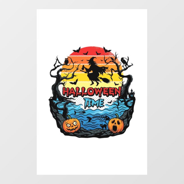 Halloween Time Witch Pumpkins Bats Sunset_1 Window Cling (Sheet)
