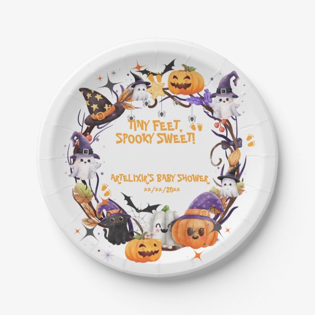 Halloween Tiny Feet, Spooky Sweet Baby Shower  Paper Plate (Front)