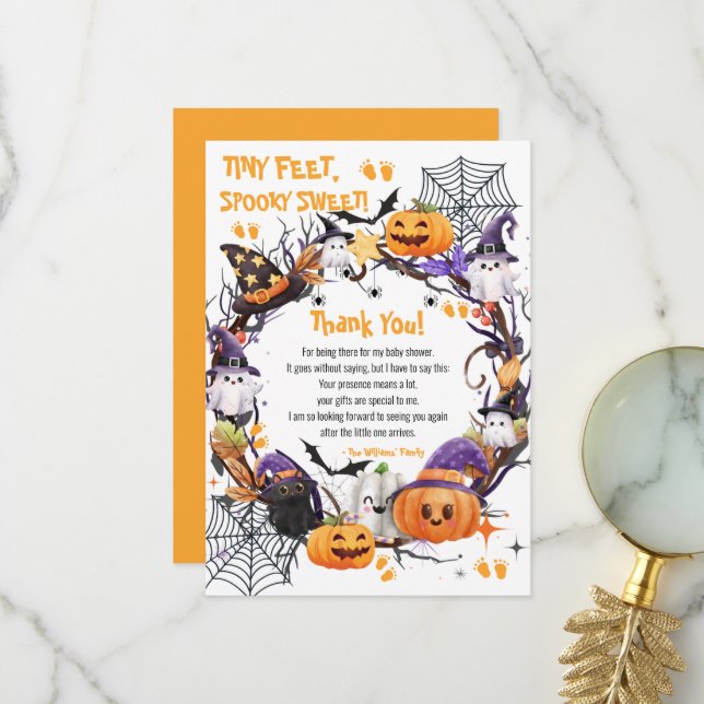 Halloween Tiny Feet, Spooky Sweet Baby Shower Thank You Card (Front/Back In Situ)