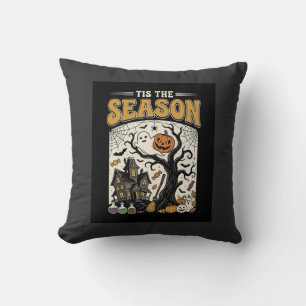 Halloween Tis The Season Haunted House Design_1 Throw Pillow