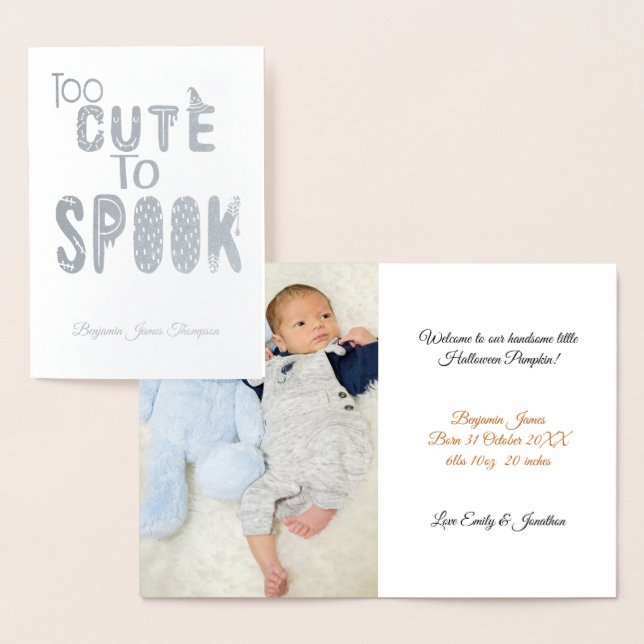 Halloween Too Cute Spook Photo Baby Boy Announce Foil Card (Display)