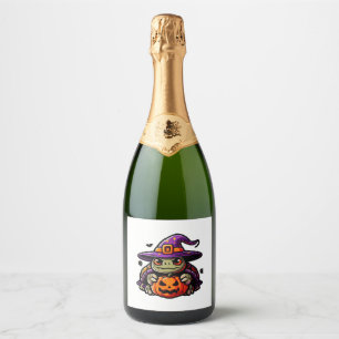 Halloween Tortoise Turtle Witch Hat Costume Spooky Sparkling Wine Label