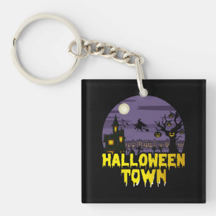 Halloween Town Full Moon Scene with Haunted House Keychain