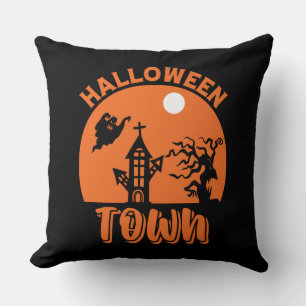 Halloween Town – Haunted House & Pumpkin Throw Pillow
