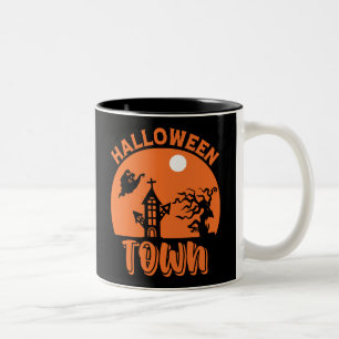 Halloween Town – Haunted House & Pumpkin Two-Tone Coffee Mug