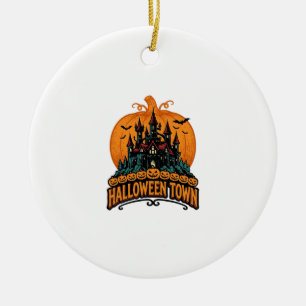 Halloween Town Vintage Haunted Castle Pumpkin Desi Ceramic Ornament